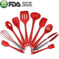G-Well 10-Piece Silicone Cooking Set Red- Spoons, Turners, Spatula & 1 Ladle Etc - Heat Resistant Kitchen Utensils - Easy to Clean Red